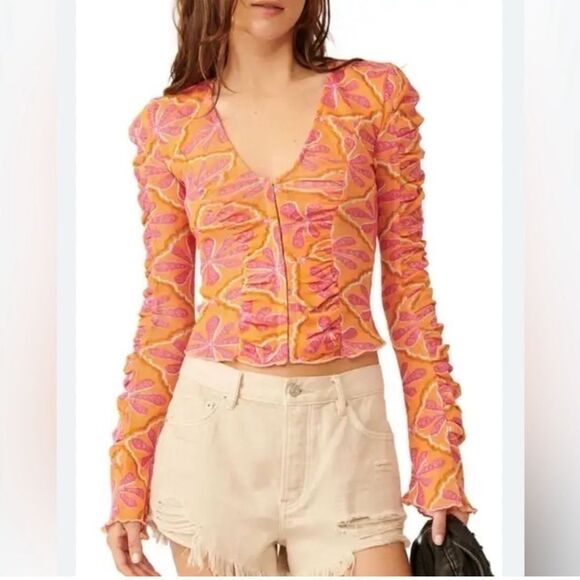 Free People Through the Meadow Orange Pink Ruched Blouse Top Large - Picture 1 of 7